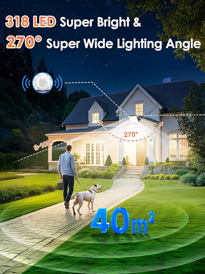 PIKOY Solar Motion Lights Outdoor Waterproof [Upgraded 318LED/33FT/5 Modes] Solar Security LightsRemote+IP65 Solares Lamparas Solares para Exteriores Grandes Sin Sensor De Movimiento 2 Pack