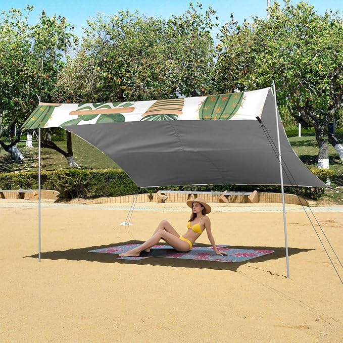 ALAZA Cactus Cacti Boho Beach Tent Sun Shelter UPF50+ Protection Beach Shade Canopy w/ 4 Sandbags for Outdoor Camping Fishing Backyard Fun Picnic 10x9 ft