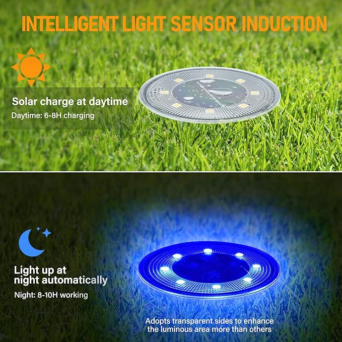 Siatom Solar Ground Lights 8 Pack IP68 Waterproof Solar In-Ground Light for Outdoor Flat Landscape Lighting Garden Disc Light for Pathway Walkway and Yard - 8 Pcs (Blue)