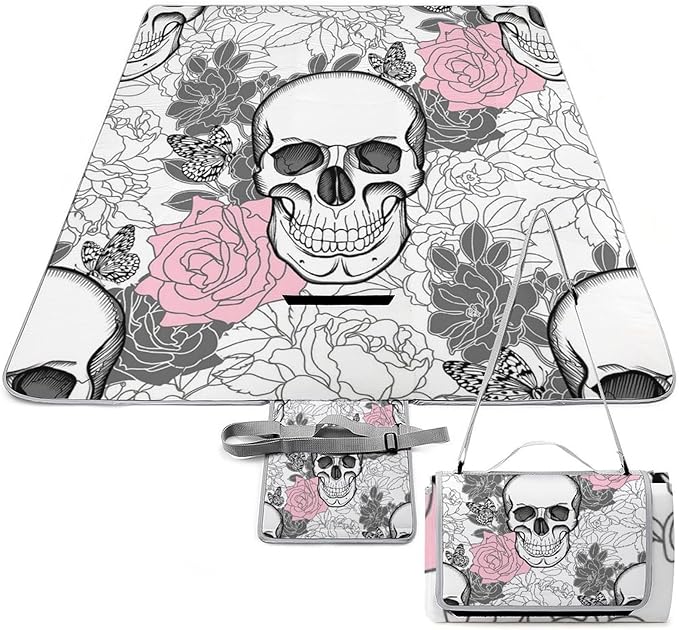 Black and White Gothic Skull Damask Pattern Waterproof Outdoor Picnic Blanket Sandproof Beach Mat for Camping Hiking Grass Travelling