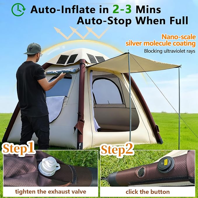 Automatic Inflatable Tents for Camping 4 Person with Solar Panel Easy Set Up Pop Up Tents for Camping with 2-3 Min Family Tents for Camping Windproof Waterproof Blow Up Tents for Traveling