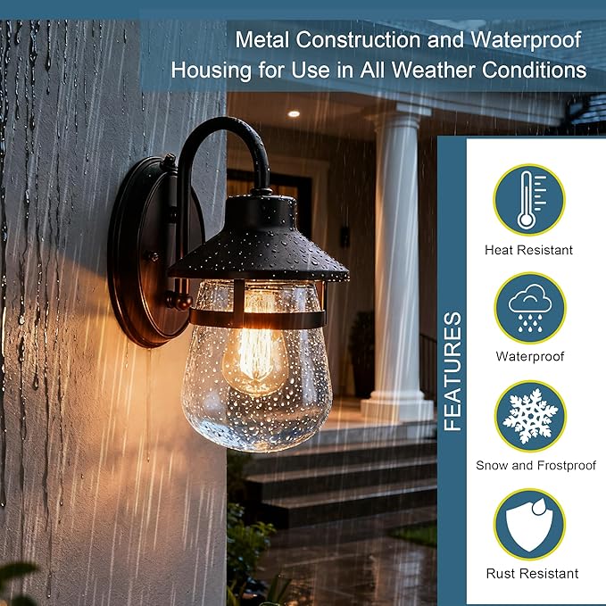 Updated Dusk to Dawn 1-Light Outdoor Wall SconceWaterproof &amp Rust-Proof and Sturdy Metal Lamp Body in Oil Rubbed Bronze Fully Sealed Clear Seeded Glass ShadeBulb Not Included