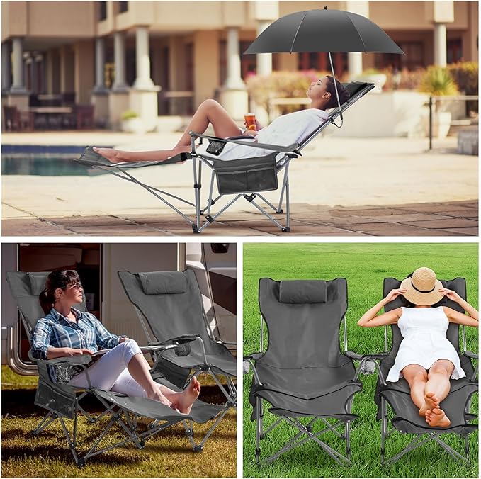 2 Set Reclining Camping Chair with Umbrella for Adult Folding Camping Chair with Foot Rest Adjustable Clamp Canopy Shade SPF 50+ Lounger for Outdoor Spring Summer Travel (BlackOxford)