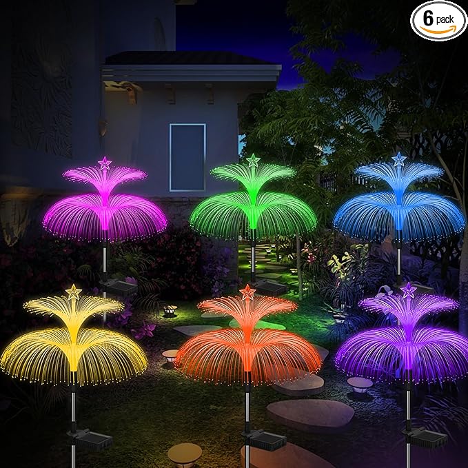Solar Garden Lights 6 Pack New Upgraded Solar Lights Outdoor Waterproof 7 Color Changing Double Jellyfish and Star Flower Garden Decor Yard Lawn Christmas Decorations Gifts for Women Mom