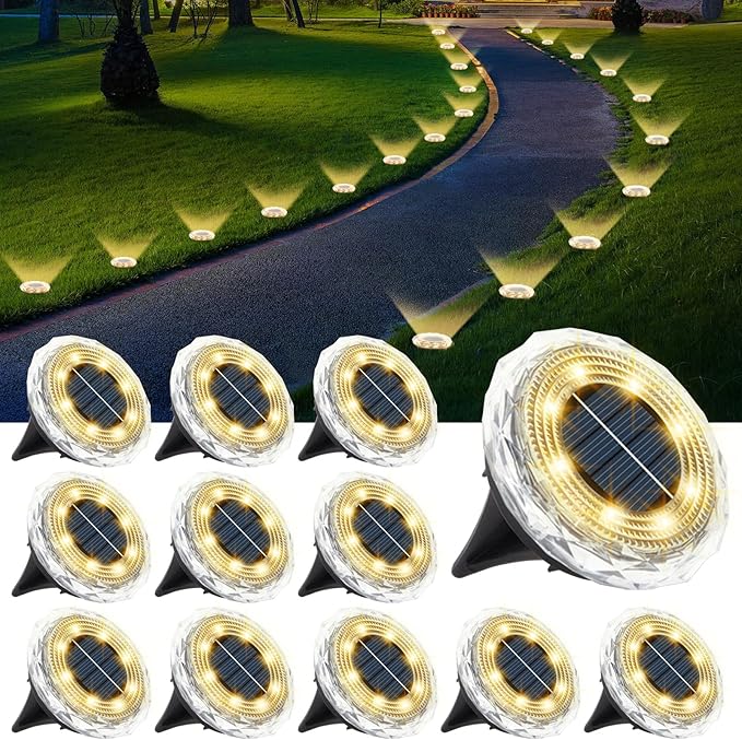 echosari Solar Ground Lights 12 Pack Upgraded Solar Garden Lights Auto ON/Off Landscape Lighting Outdoor In-Ground Lights Waterproof Long Lasting for Pathway Walkway Patio (Warm White)