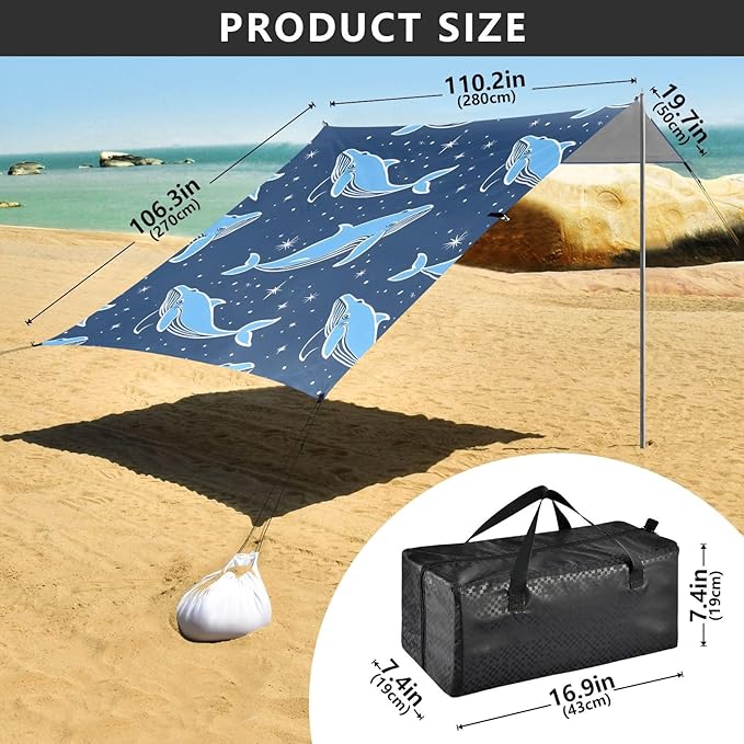 Beach Tent Sun Shelter Navy Whales Stars Lightweight &amp Easy Setup Beach Shade Canopy for Camping Fishing