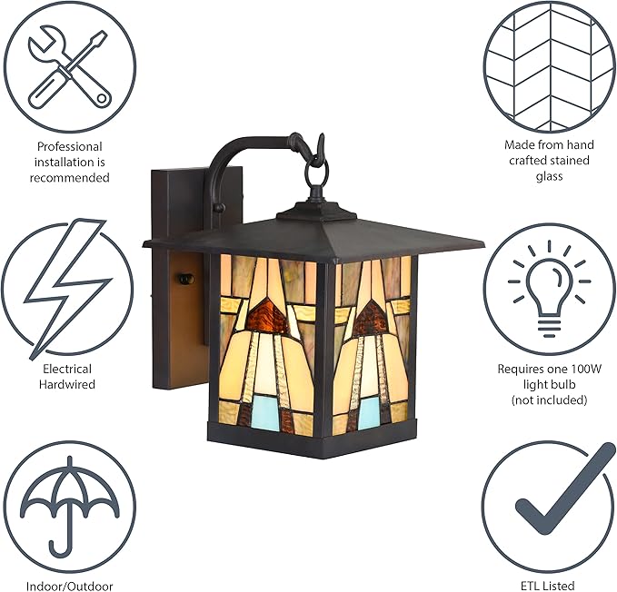RIVER OF GOODS Stained Glass Outdoor Light Fixture - 11.75 H - Mission Style Porch Light - Mabel