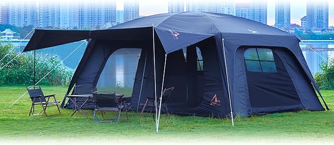 KTT Extra Large Tent 12-14 PersonFamily Cabin Tents2 RoomsStraight Wall2 Doors 4 Windows with MeshWaterproofStraight WallBig Tent for OutdoorPicnicCampingGathering(Brown)