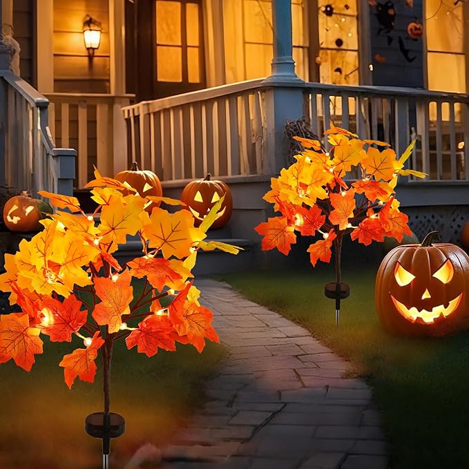 Solar Garden Lights Outdoor2Pack Artificial Solar Fall Lighted Maple Tree40LED With Maple Leaf Solar Stake Lights OutdoorThanksgiving GiftSolar fall lightsfor Yard PathwayThanksgiving Decoration