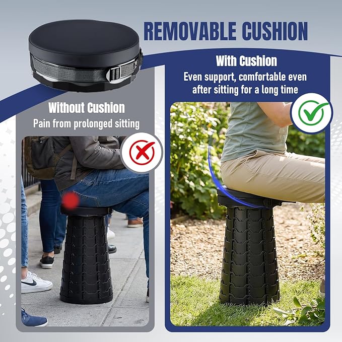 2026 Upgraded Collapsible Stool with Cushion Portable Folding Stool for Adults Heavy Duty Camping Stools for Outdoor Camping Travel Hiking Fishing Adujstable Folding Chair Footrest