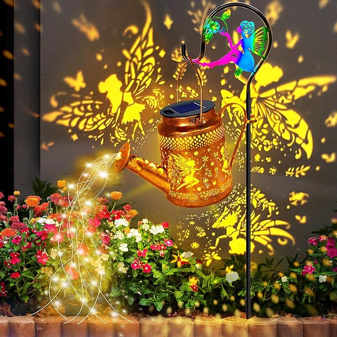 ANGMLN Fariy Solar Lights Outdoor Waterproof Solar Watering Can Lights with Shepherd Hook Metal Angel Hanging Lantern Garden Decor Yard Outside Patio Lawn Gifts for Mom Grandma Women Birthday