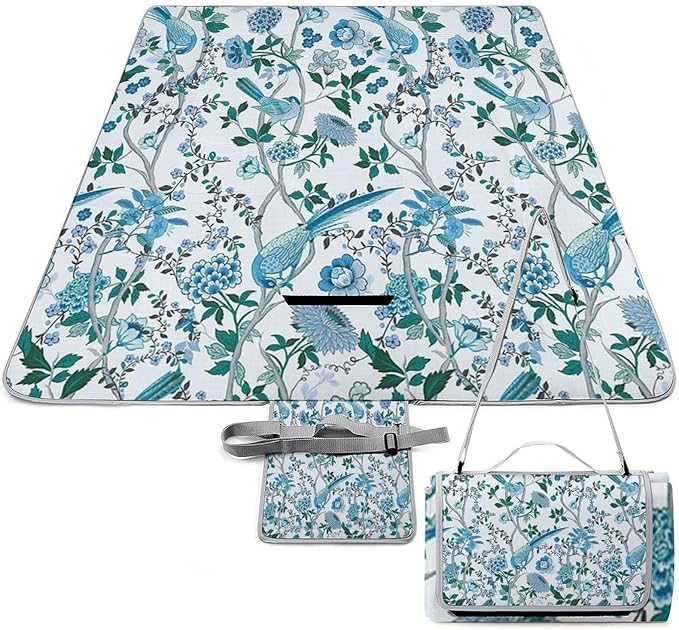 Blue and White Chinese Style Chinoiserie Folk Waterproof Outdoor Picnic Blanket Sandproof Beach Mat for Camping Hiking Grass Travelling