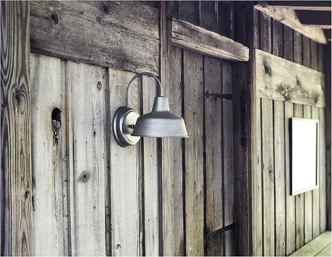 Design House Mason Farmhouse Gooseneck Barn Light Outdoor Exterior Porch or Patio Wall Light Fixture Galvanized Gray Paint 8 Inch Diameter 1-Pack 520965