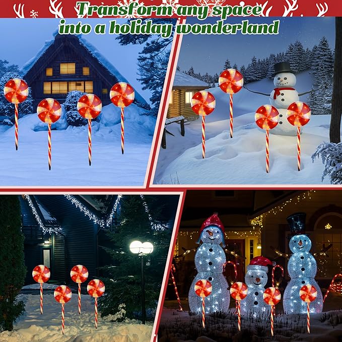 Candy Christmas Decorations Pathway Outdoor Solar Lights 29 inches 80 LED Lighted Lollipop Solar Christmas Lights with 8 Modes Waterproof String Lights Outdoor Lights for Yard Patio Walkway-4PCS