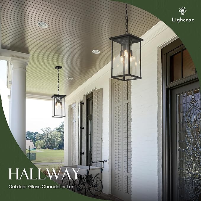 10 Modern 4-Light Exterior Black Square Lantern Pendant Light Fixture with Clear Glass Industrial Hanging Cage Chandelier for Outdoor Porch Kitchen Island Dining Room Hallway Entryway Foyer