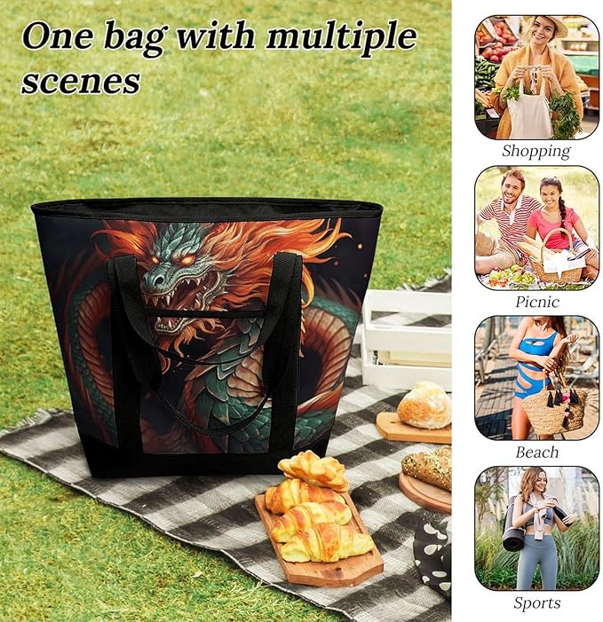 Insulated Shopping BagLarge Reusable Cooler Bags Chinese Dragon Printed Foldable Shopping BagTravel Waterproof Shoulder Bag