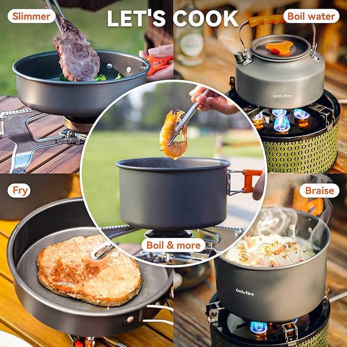 ONLYFIRE OUTDOOR LIVING14pcs Camping Cookware Set Lightweight Nonstick Pots Pan Kettle Utensils Bowls and Cleaning Tool with Mesh Bag for Camping Hiking Backpacking RV Tailgating Cooking CT604