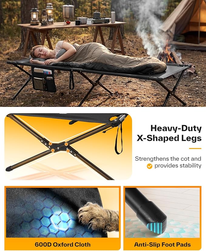 Sportneer Camping Cot: 78.3x28.7x14.6 Comfort Cot Bed for Camping Traveling Guest Bed Sleeping Cots for Adults with Side Pockets &amp Storage Bag - Ease of Assembly Support 330 Lbs