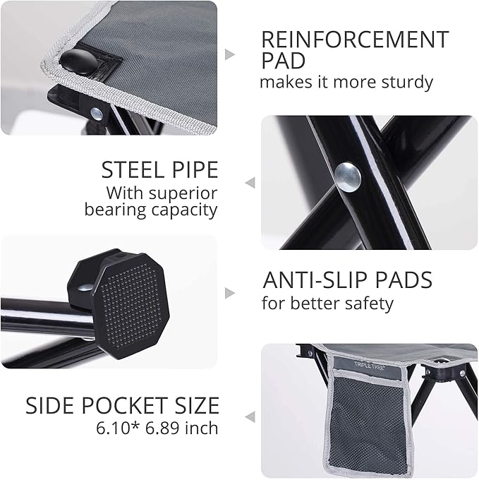 Triple Tree 2 Pack Folding Camping Stool 13.8 Inch Small Portable Lightweight Stool with Side Pocket Foot Stool with Carry Bag for Hiking Fishing and Beach Hold up to 400lbs Grey