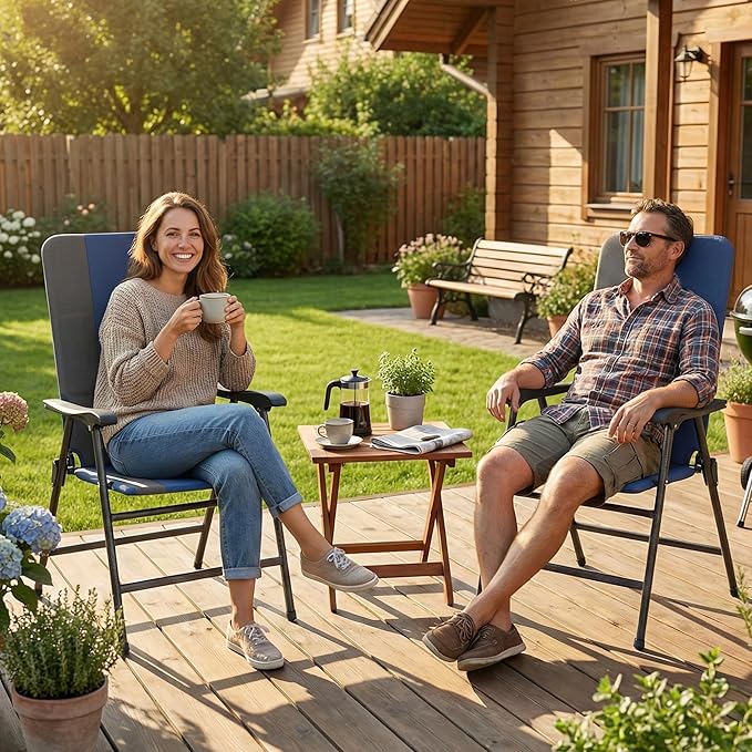 Outsunny Folding Patio Chairs Set of 2 Padded High Back Folding Lawn Chairs with Armrests 600D Oxford Fabric Portable Outdoor Camping Chair Set for Deck Garden Backyard Dark Blue