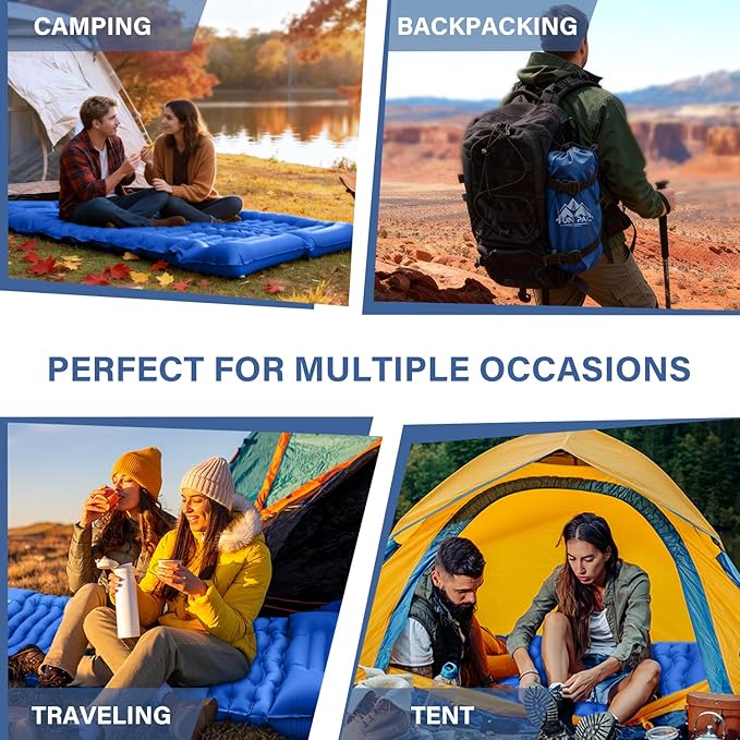 Camping Sleeping Pad Ultralight Camping Pad with Pillow Built-in Foot Pump Inflatable Sleeping Mat Compact for Camping Backpacking Hiking Traveling - Blue Single