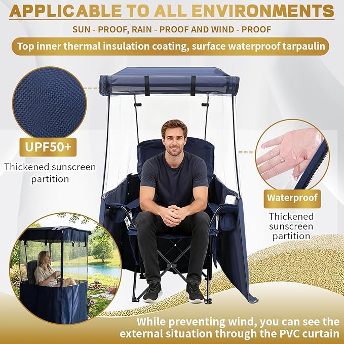 Juexica Camping Chair with Canopy Shade Outdoor Folding Chair with Adjustable Shade 4 Removable Curtains Sports Portable Camping Seat for Cold Weather Fishing Beach 1 Person