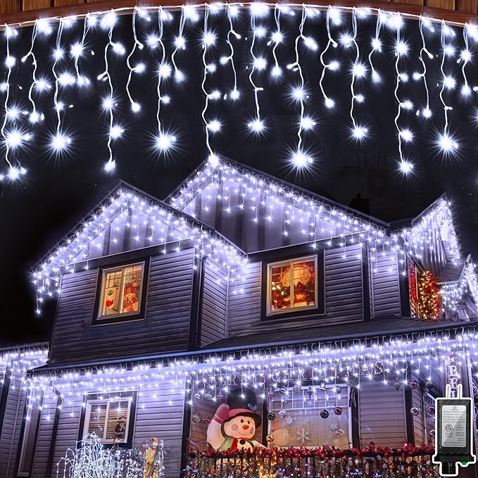 504LED 50ft Christmas Lights 112Drops 12 Modes Cool White Christmas String Lights Outdoor Dimmable Waterproof Christmas Decoration Fairy Lights with Timer for Indoor Eaves Party Patio Window Fence