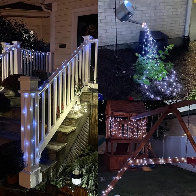 YEGUO 4 Pack White Solar Fairy Lights Each 33ft 100 LED Christmas Lights Outdoor Waterproof 8 Modes Sliver Wire Solar String Lights