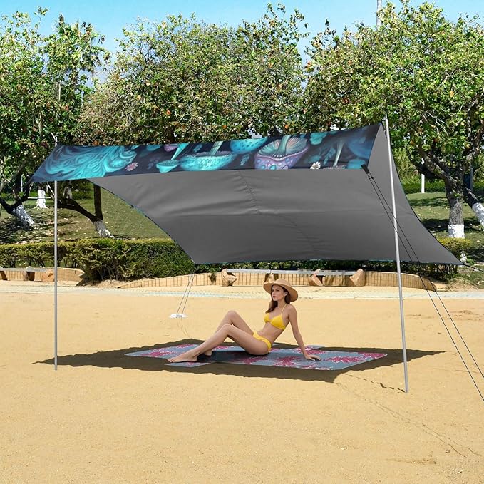 Blue Mushrooms Beach Tent Sun Shelter 9.2' x 10.5' Beach Canopy with 4 Sandbags 4 Stability Poles Sand Shovels - Tent Canopy for Beach Camping Fishing Picnics