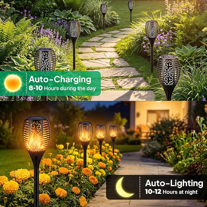 TomCare Solar Lights Outdoor Flickering Flame Solar Torch Lights Waterproof Outdoor Lighting Solar Powered Pathway Lights Christmas Decorations for Garden Patio Yard Landscape 6 Pack
