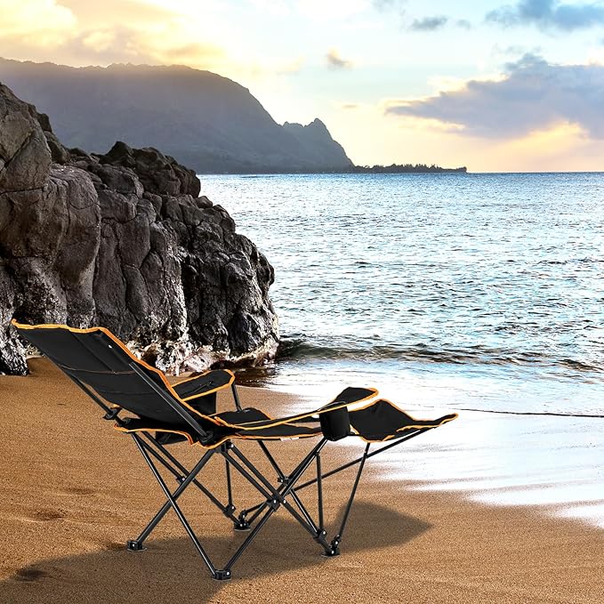KOTEK Reclining Camping Chair Portable Camp Chair with Removable Footrest Adjustable Backrest Cup Holder Cooler Bag &amp Carry Bag Folding Lawn Chair for Adults Outdoor Activities (1)