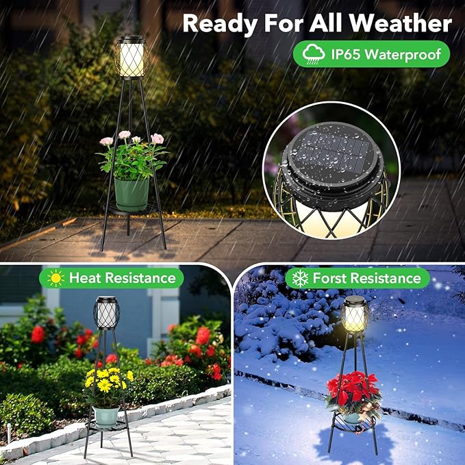 MXwcy Solar Lights Outdoor with Plant Stands 2 Pack Solar Floor Lamp Metal Tripod Patio Lights for Garden Yard Pathway Driveway Front/Back Porch Decoration