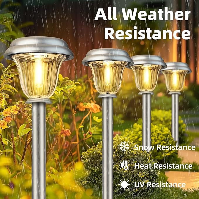 DERAYSION Solar Lights Outdoor Waterproof Brushed Stainless Steel Glass Solar Pathway Lights Auto On/Off Long-Lasting Outdoor Solar Lights for Garden Landscape Path Yard 6 Pack
