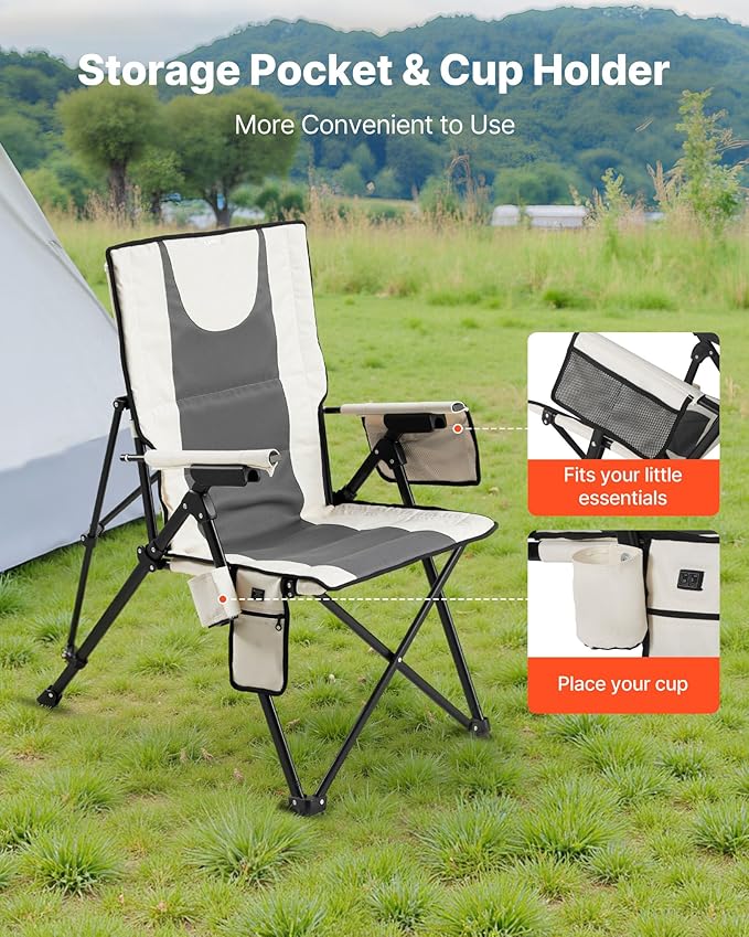 VEVOR Heated Camping Chair 3 Heat Settings High Back Folding Camping Chair Supports 260lbs Full Padded Beach Chairs with Armrest &amp Cupholder Portable Lawn Chairs for Outdoor Sports Travel