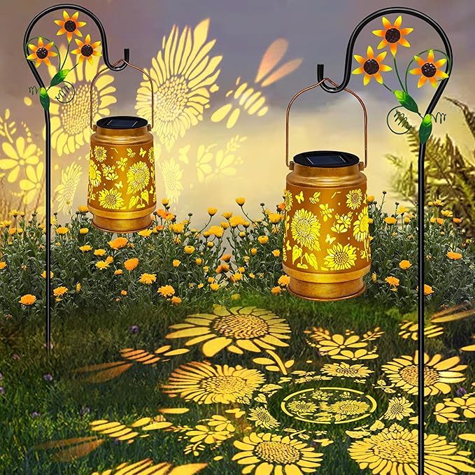 2 Pack Sunflower Hanging Solar Lanterns Outdoor Lights Sunflower Gifts for Women Men Metal Waterproof Decor Garden Lanterns for Yard Patio Lawn PathwayPorch