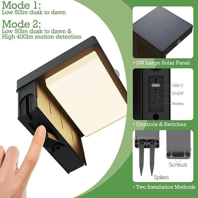 Solar Pathway Lights - Walkway Solar Lights for Outside - PIR Sensor &amp Two Lighting Modes - Rechargeable Battery Lasts Up To 55 Hours - 3000K - IP44 Weather Resistant - 2 Pack - 20.5 Height