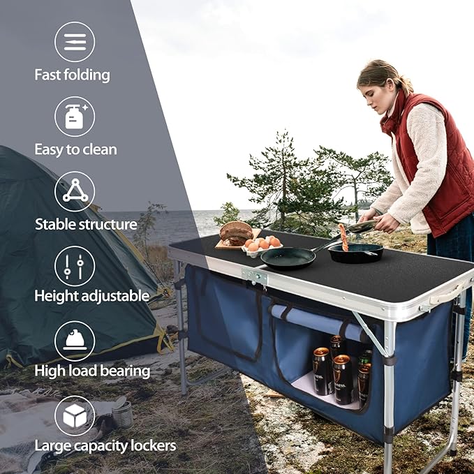 CampLand Outdoor Folding Table Aluminum Lightweight Height Adjustable with Storage Organizer for BBQ Party Camping