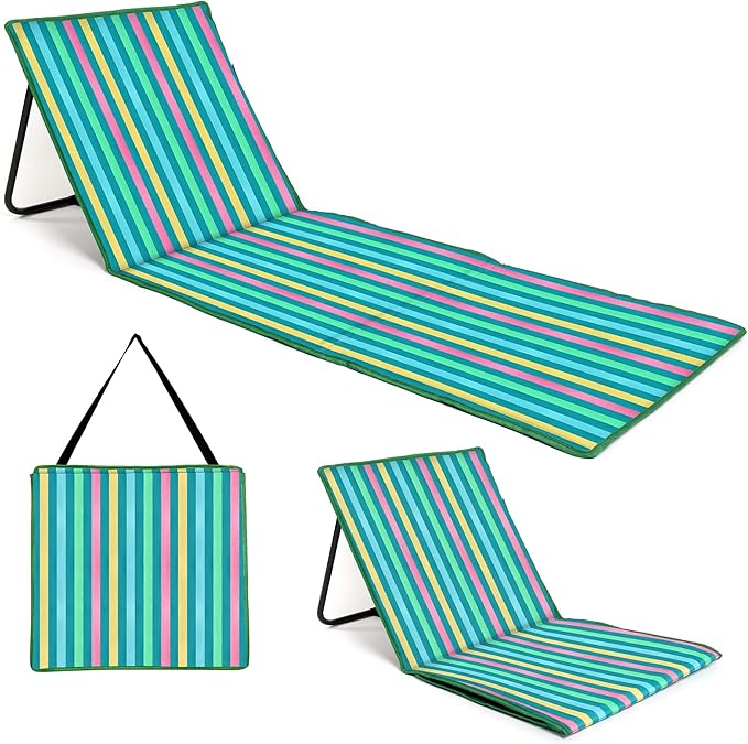 just be... Beach Sun Mat Folding Lightweight Portable Adjustable Sunbathing Recliner with Backrest Support and Valuables Pocket for Holidays Garden Camping Park Festivals - Dark Multicolour Stripes