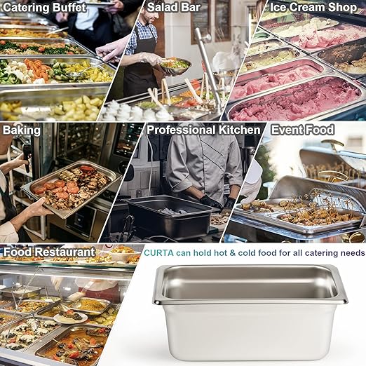 CURTA 6 Pack Anti-Jam Hotel Pans 1/4 Size 4 Inch Deep NSF Commercial 18/8 Stainless Steel Chafing Steam Table Pan Catering Storage Metal Food Pan