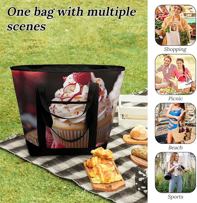 Insulated Shopping BagLarge Reusable Cooler Bags Cupcake Dessert Printed Foldable Shopping BagTravel Waterproof Shoulder Bag