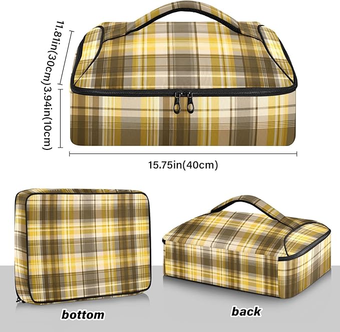 Casserole Carrier Yellow Brown Tartan Print Insulated Casserole Carrier for Hot or Cold Food Thermal Lunch Tote for Parties Picnic Travel Carry Bag