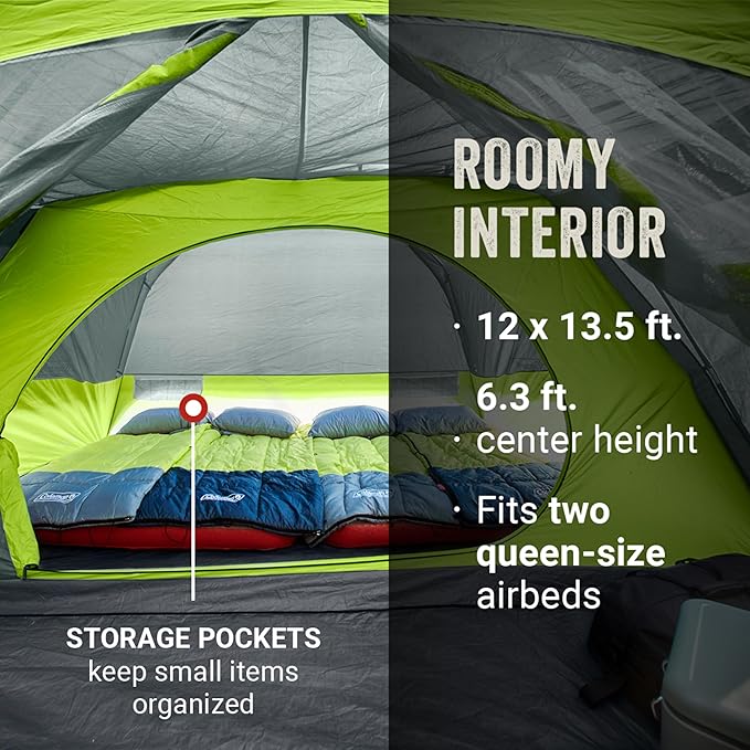 Coleman Skydome Camping Tent with Screened Porch &amp 5-Minute Setup Weatherproof 4/6/8 Person Tent with Rainfly &amp Carry Bag Made of PFAS-Free Materials