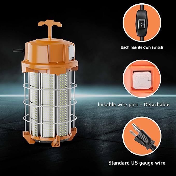 250W LED Temporary Work Light 37500 Lumens Construction Lights 5000K Portable Linkable IP65 High Lumen Super Bright Durable Job Site Lighting with ON/Off Button for Indoor and Outdoor Area Lighting