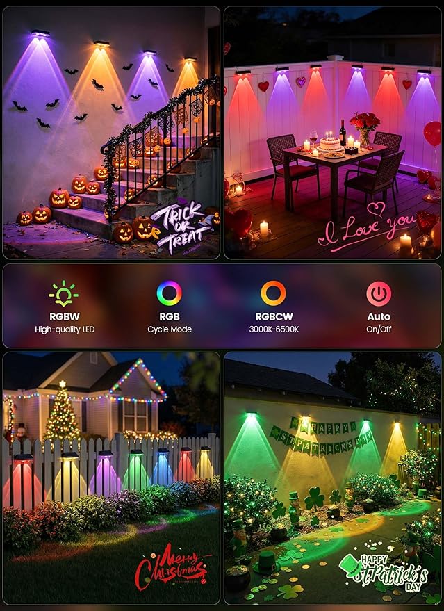 Brightown 12 Pack Solar Lights Outdoor Waterproof Color Changing Solar Fence Deck Step Flood Lights Warm White &amp RGBCW 11 Color IP65 Waterproof Garden Lights for Outside Backyard Yard Step Pati