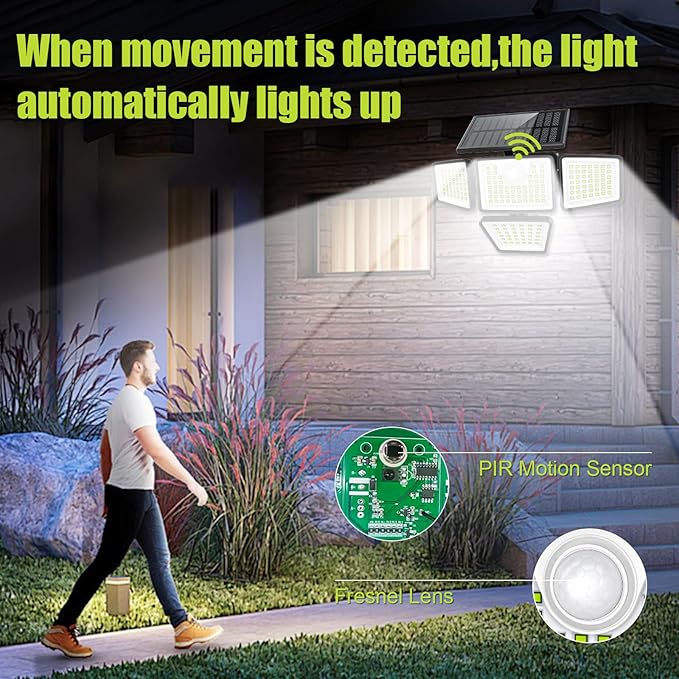 3000LM Solar Lights Outdoor with Motion Sensor4 Head 270° Wide Angle Street Area LightsIP65 Waterproof Security Lighting with 3 Modes(Remote2 Pcs)