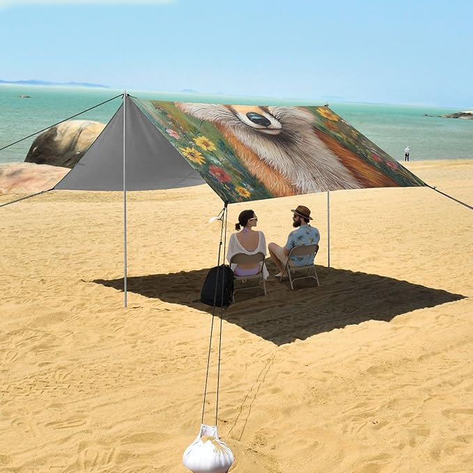 ALAZA Fox with Flower Wreath Beach Tent Sun Shelter UPF50+ Protection Beach Shade Canopy w/ 4 Sandbags for Outdoor Camping Fishing Backyard Fun Picnic 10x9 ft