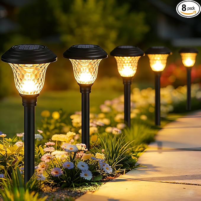 BEAU JARDIN 8 Pack Solar Pathway Lights Outdoor Solar Powered Light Waterproof Glass High Lumen for Garden Landscape Path Yard Walkway Patio Driveway Outside White Color Changing Black