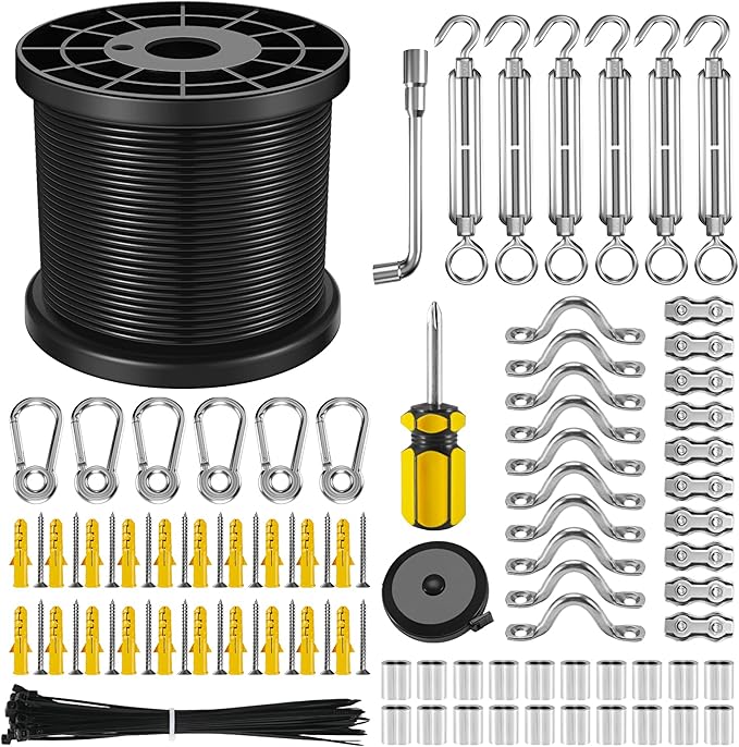 NEREUS String Light Hanging Kit with 200 Ft Vinyl Coated 304 Stainless Steel Cable String Light Suspension Kit Guide Wire with Turnbuckles and Hooks for Patio Backyard Lighting Accessories