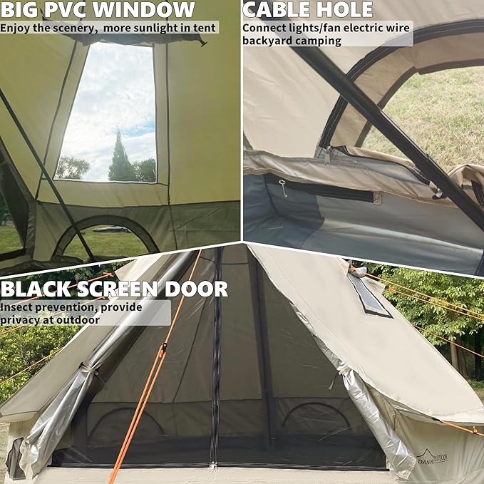 DANCHEL OUTDOOR B2I Inflatable Camping Tent 9.8ft No Center Pole Lightweight Blow Up Bell Tent with Stove Jack Skylight Pump Waterproof 300D Oxford Glamping Yurt for 1-3 Person Family