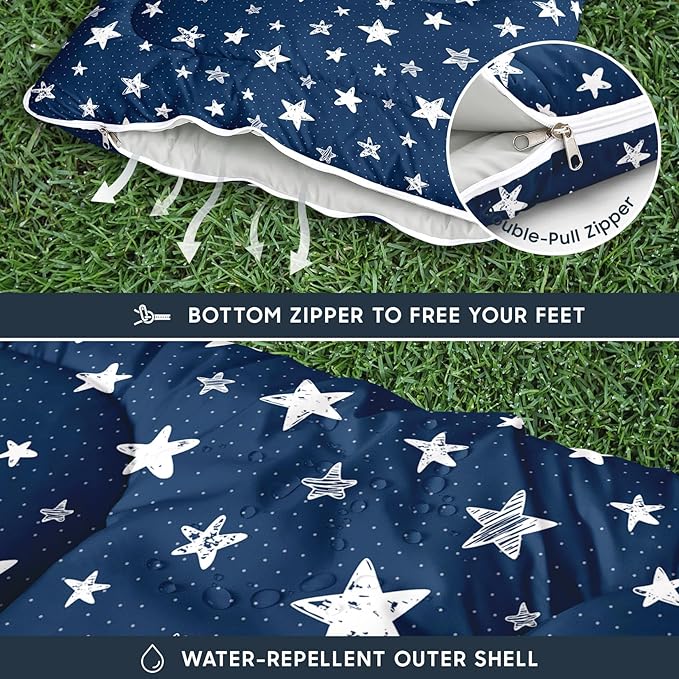 Wake In Cloud - Star Kids Sleeping Bag for Boys Girls Toddlers Camping in Warm Cold Weather Backpacking Lightweight Compact Outdoor Liner for 3 Seasons Summer Spring Fall